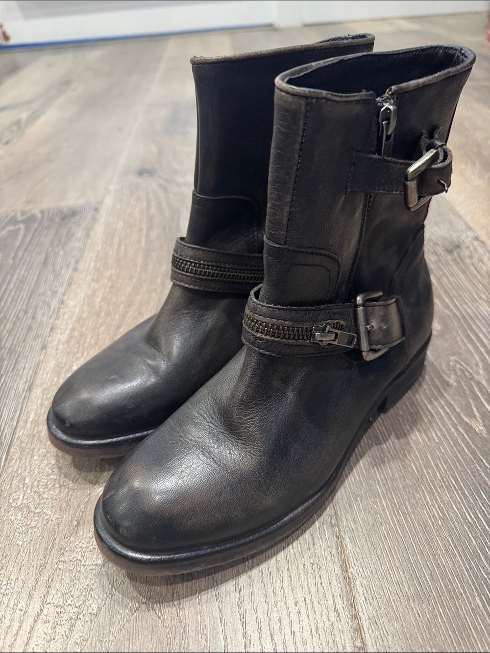 Treasure & Bond Black Leather Buckle Strap Moto Boots AZ